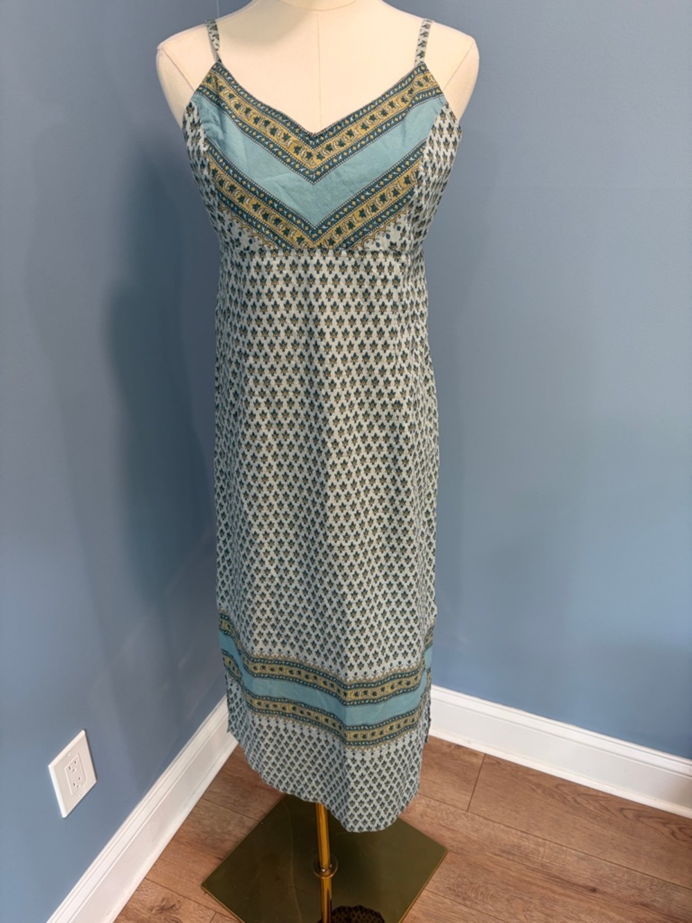 American Eagle Blue Boho Print 100% Cotton Midi Dress Spaghetti Strap Sundress